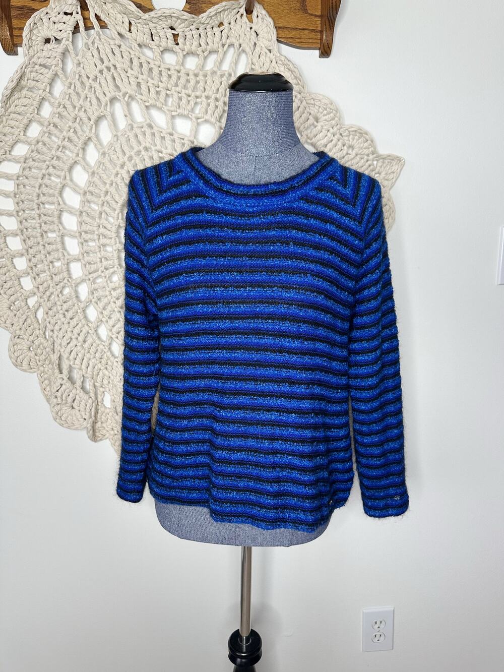 St John Sport Vintage Blue Black Striped Crew Neck Sweater Medium